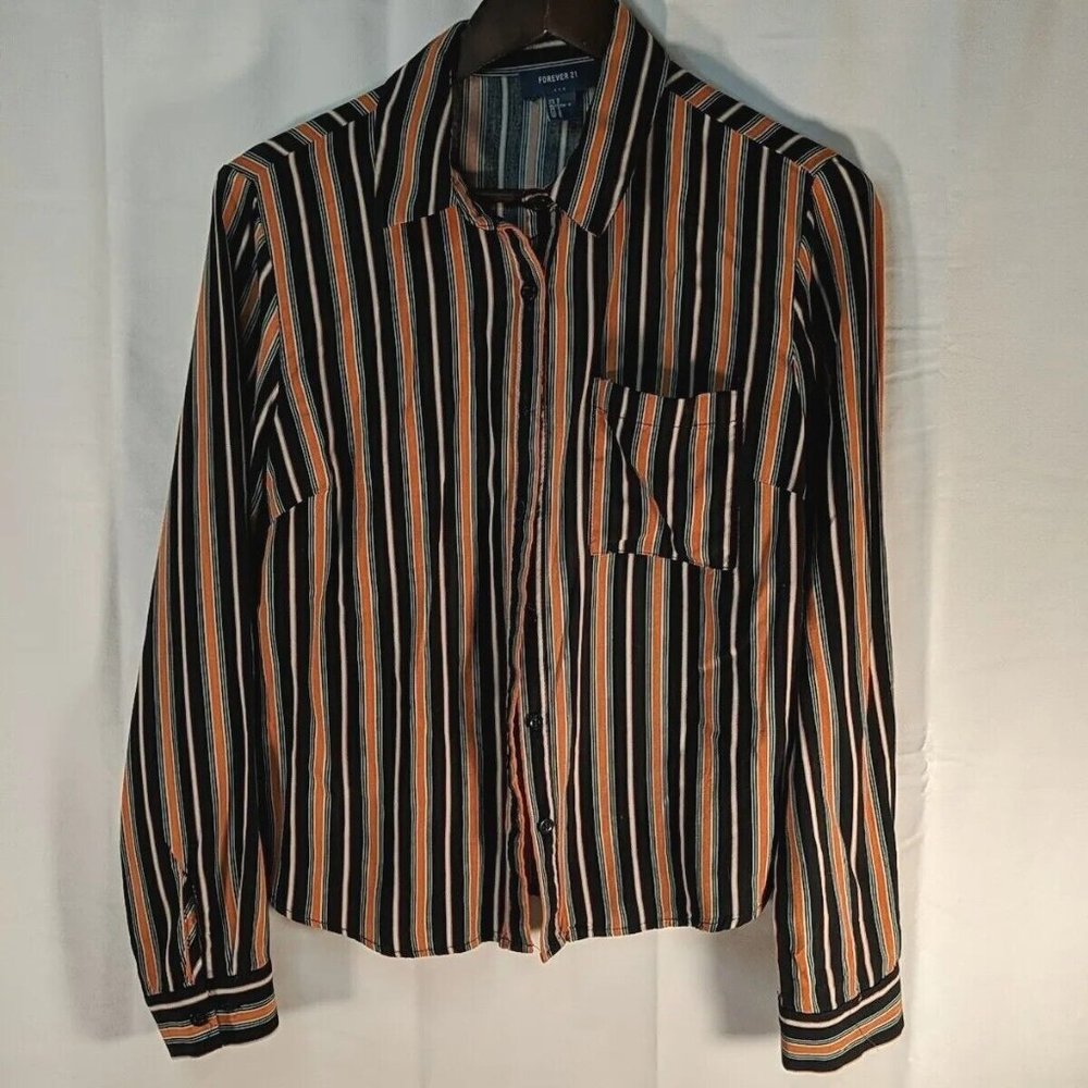 Forever 21 Button Up Down Long Sleeve Shirt Top Womens S Orange Black Halloween